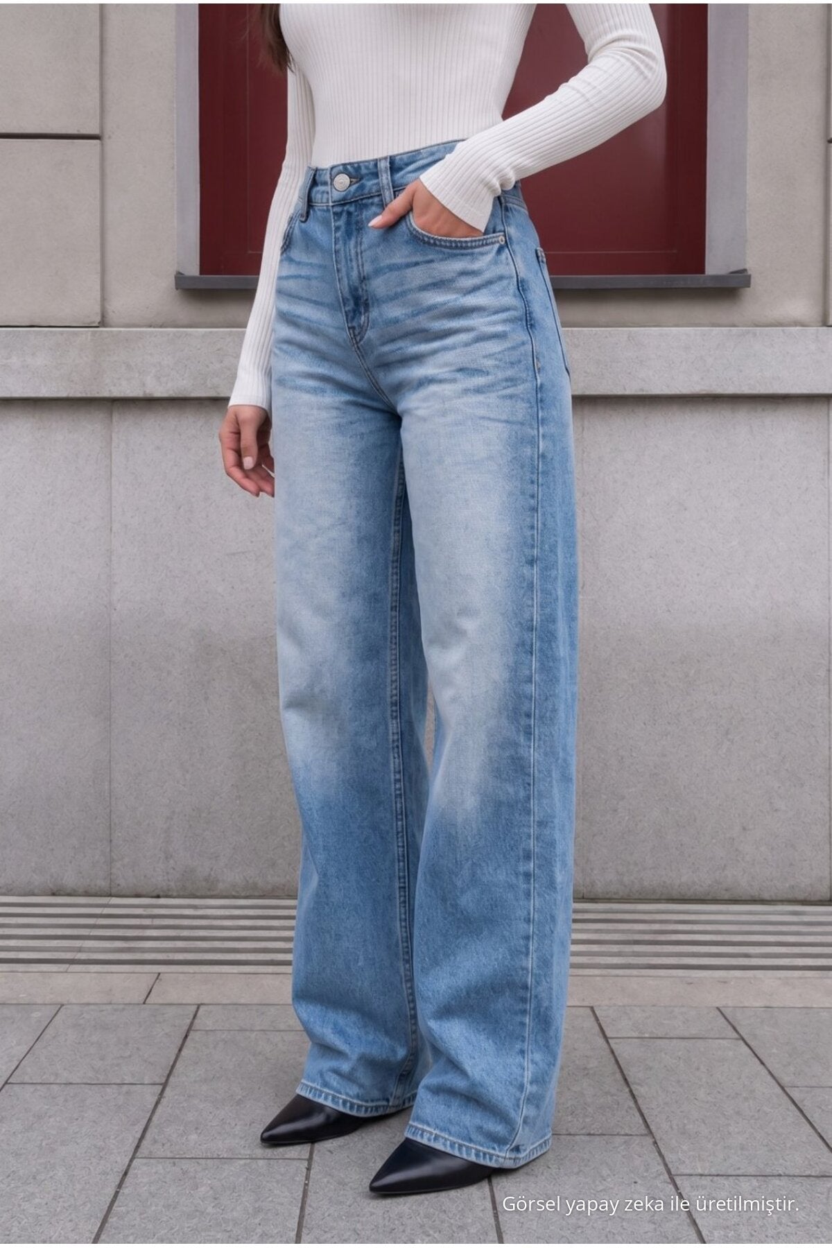 Blue Effect Faded Effect Vintage High Waist Wide Leg Jeans with Lycra - MALLTURK