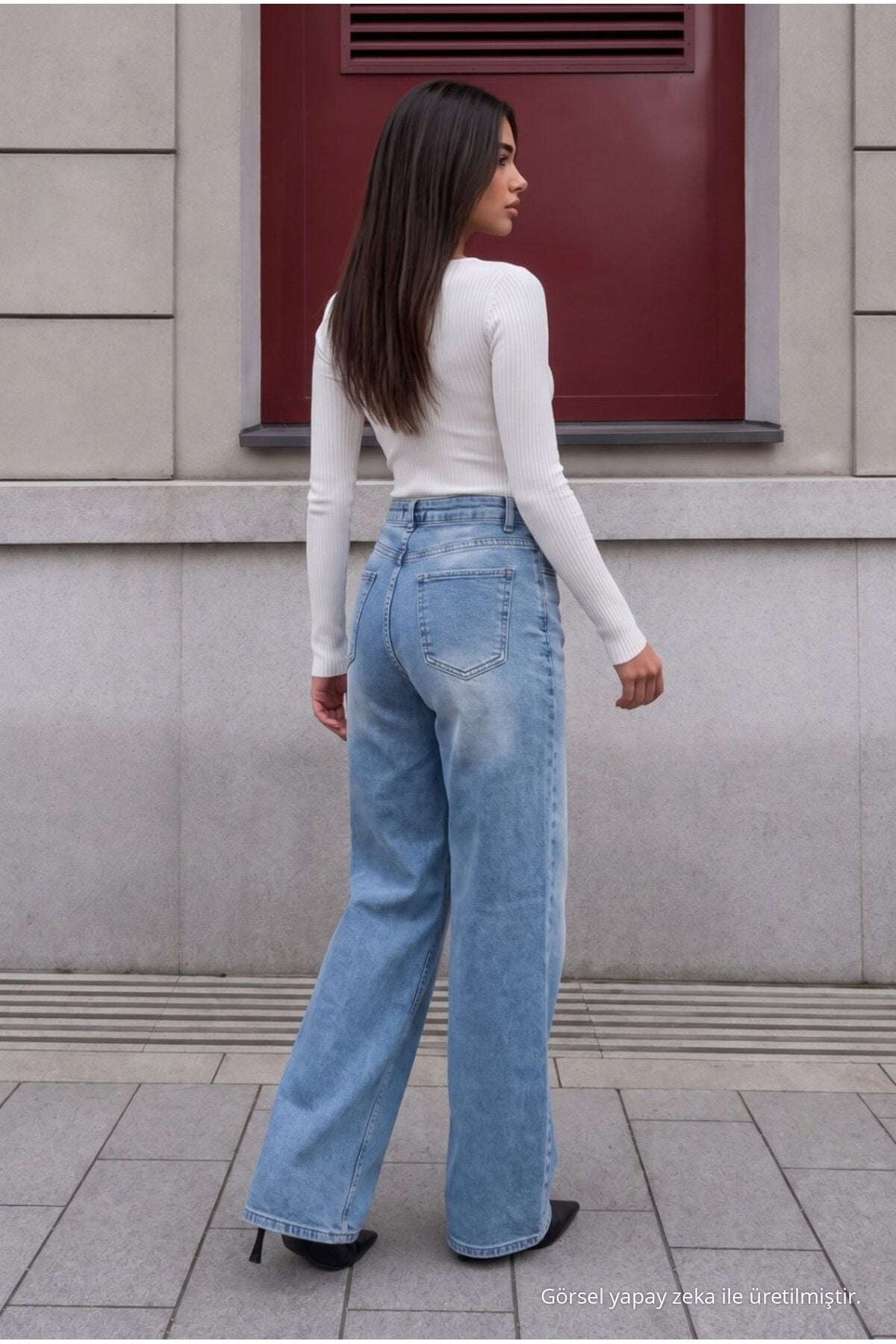 Blue Effect Faded Effect Vintage High Waist Wide Leg Jeans with Lycra - MALLTURK