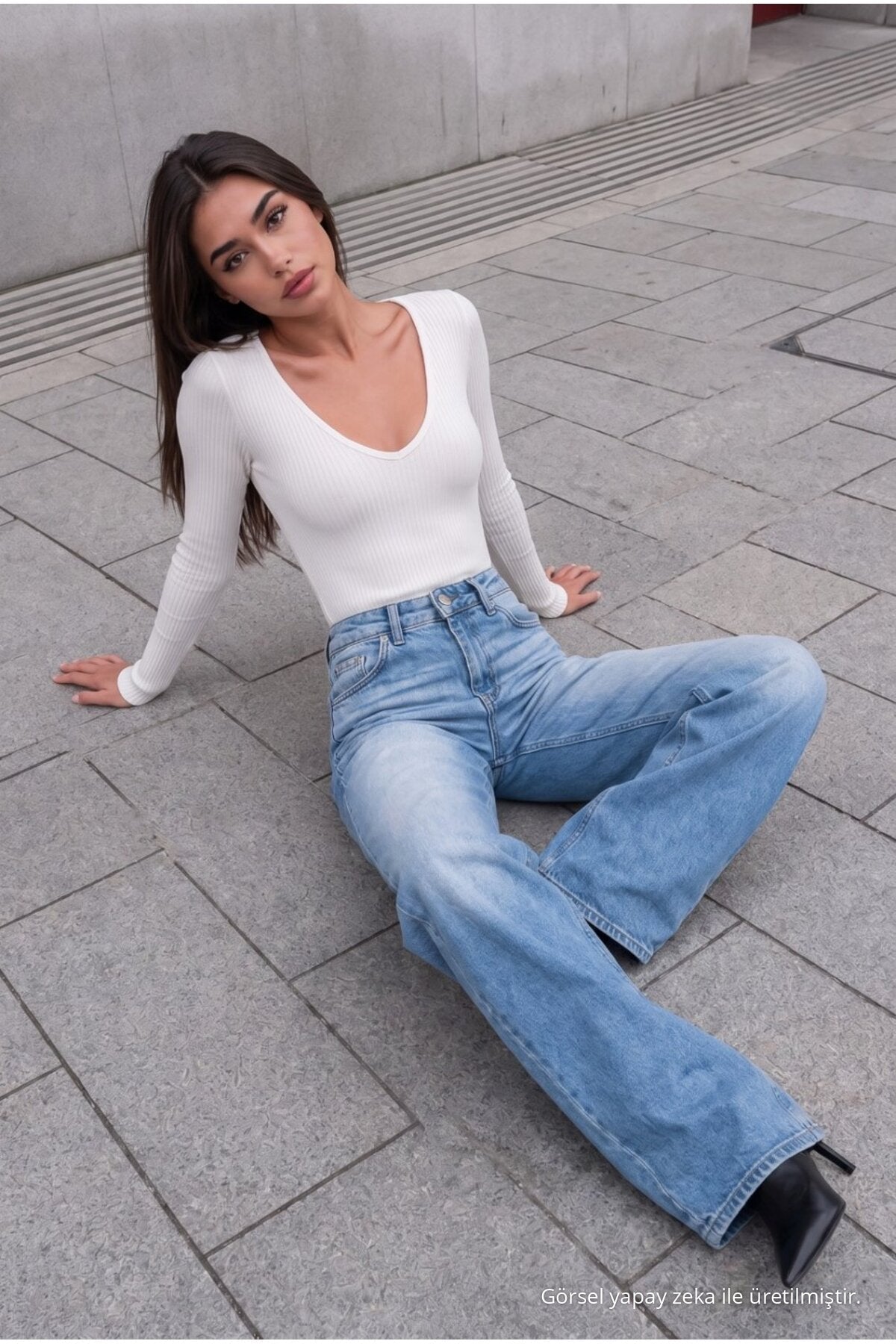 Blue Effect Faded Effect Vintage High Waist Wide Leg Jeans with Lycra - MALLTURK