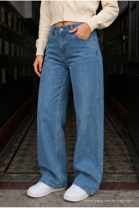 BLUE High Waist Wide Leg Lycra Palazzo School Pants - MALLTURK