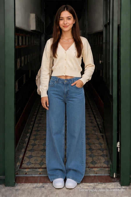 BLUE High Waist Wide Leg Lycra Palazzo School Pants - MALLTURK