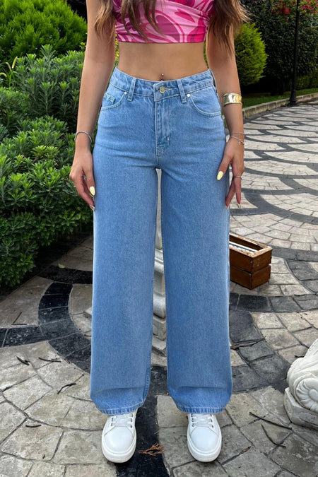 Blue High-Waisted Wide-Leg Jeans - MALLTURK