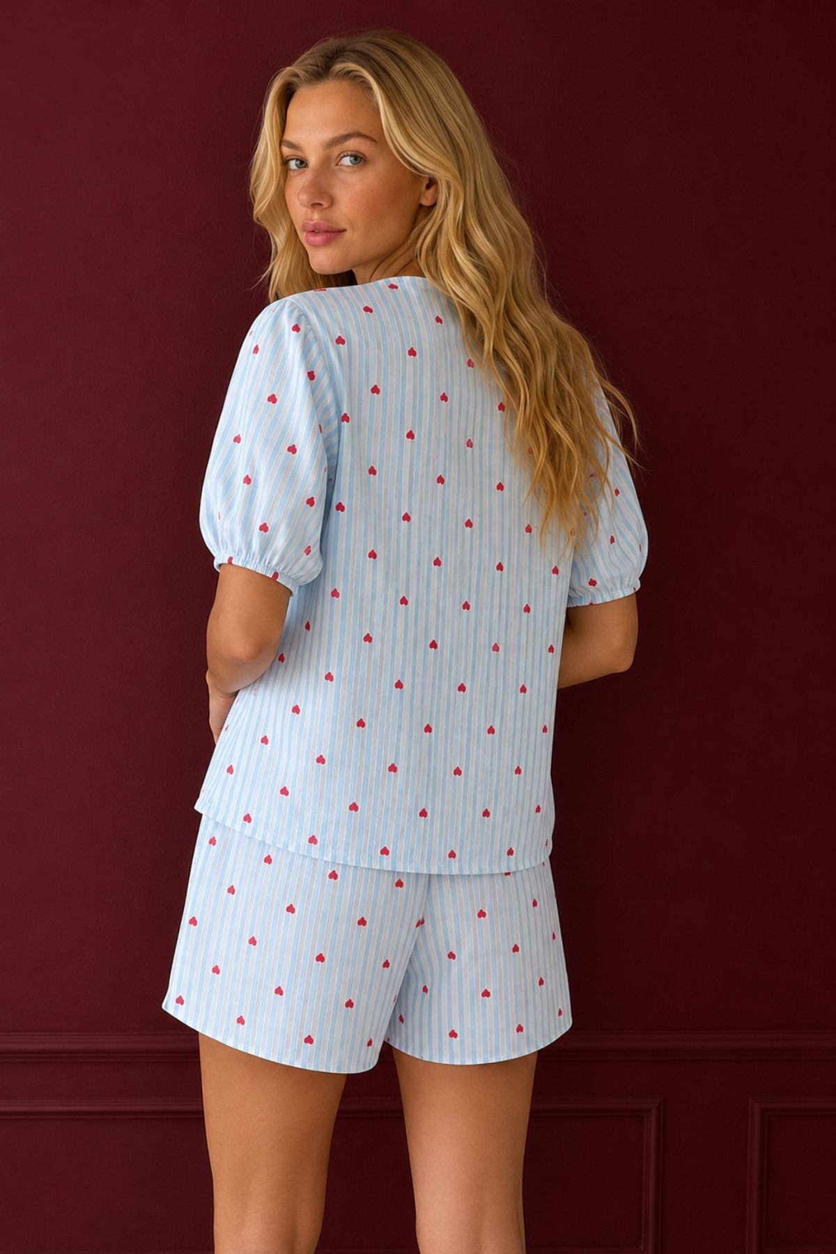 Blue Striped Heart Patterned V-Neck Tie Shorts Set - MALLTURK