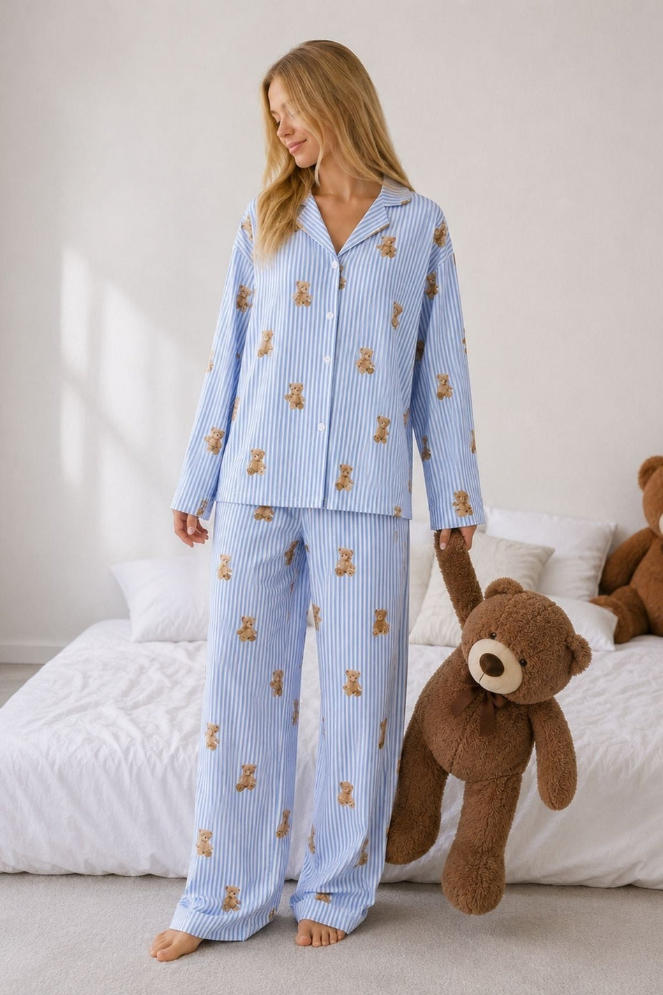 Blue Striped Teddy Bear Patterned Shirt Collar Buttoned Long Sleeve Women's Pajama Set - MALLTURK