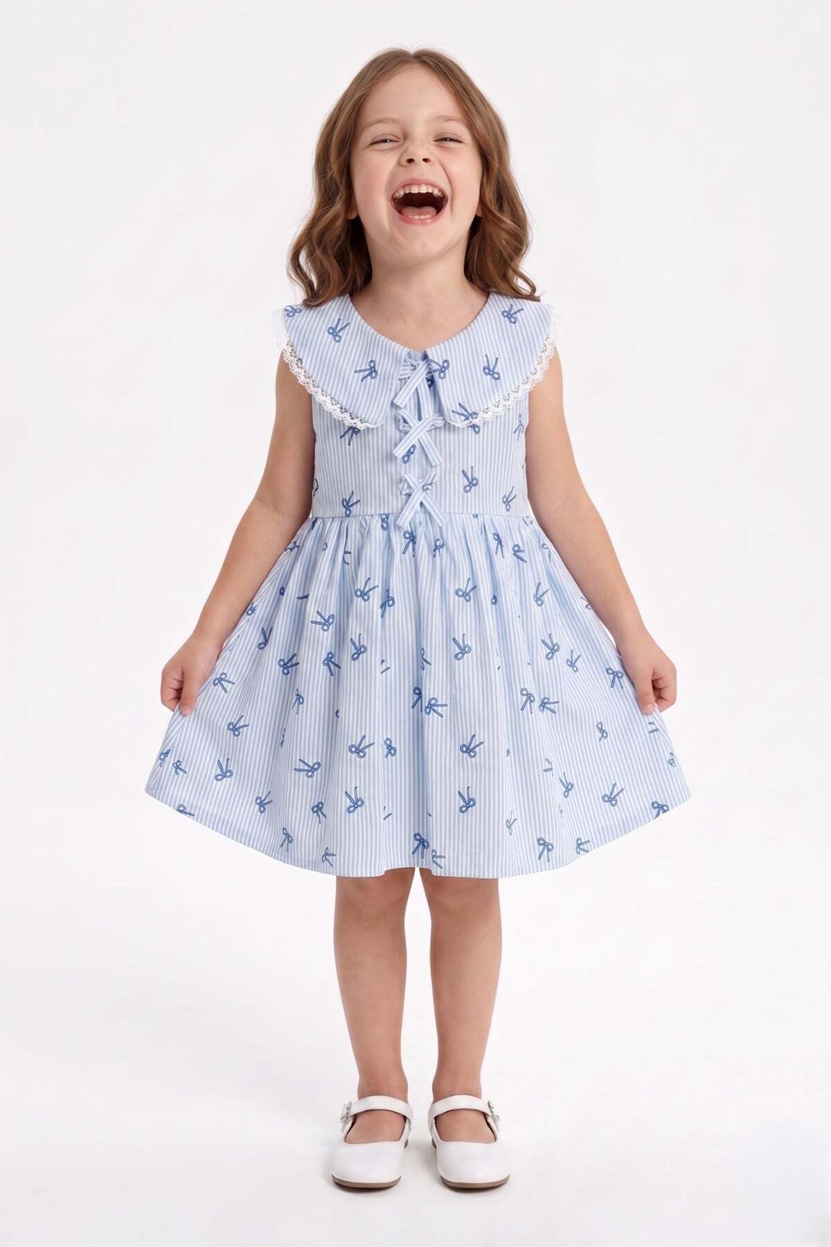 Bow-Tie Striped Lace Baby Collar Girl's Dress - MALLTURK