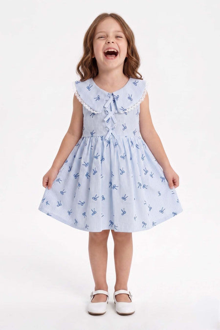 Bow-Tie Striped Lace Baby Collar Girl's Dress - MALLTURK
