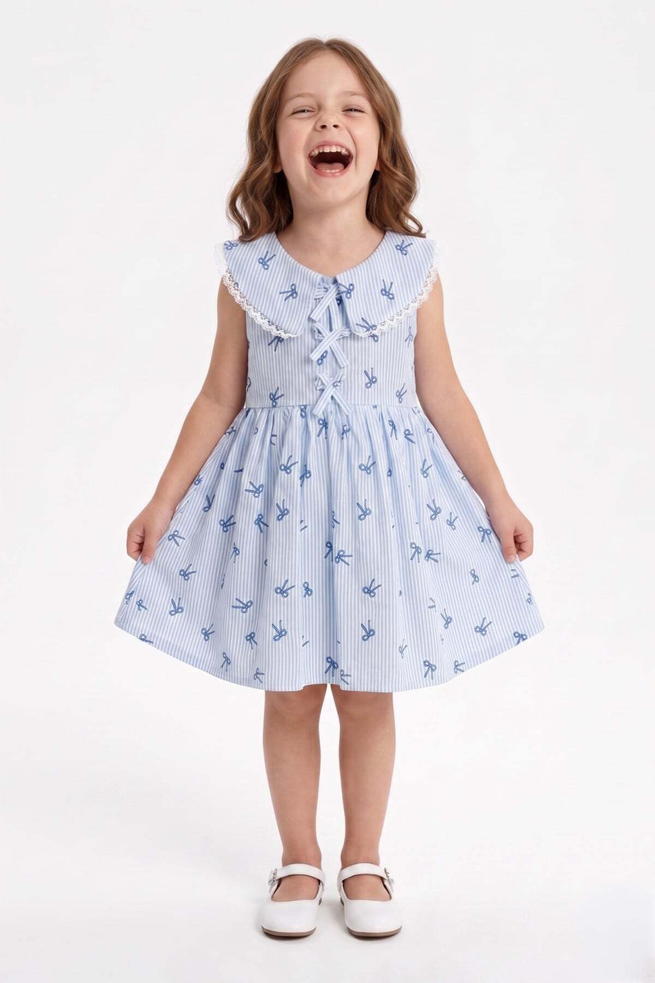 Bow-Tie Striped Lace Baby Collar Girl's Dress - MALLTURK