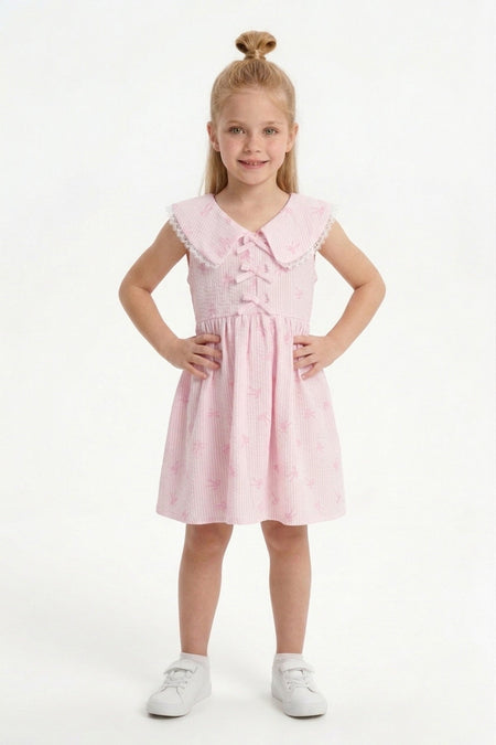 Bow-Tie Striped Lace Baby Collar Girl's Dress - MALLTURK