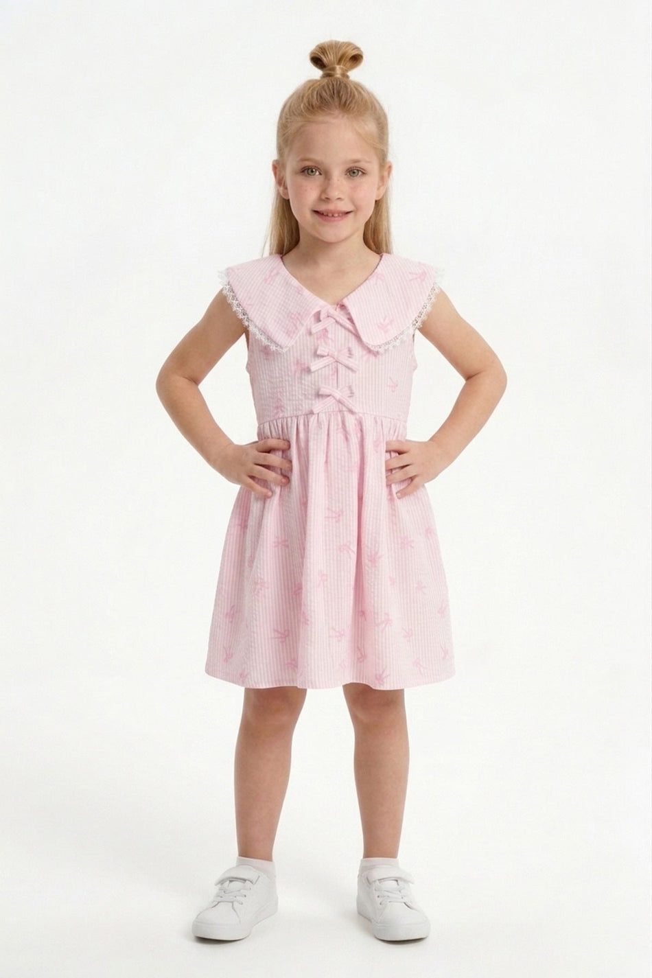 Bow-Tie Striped Lace Baby Collar Girl's Dress - MALLTURK