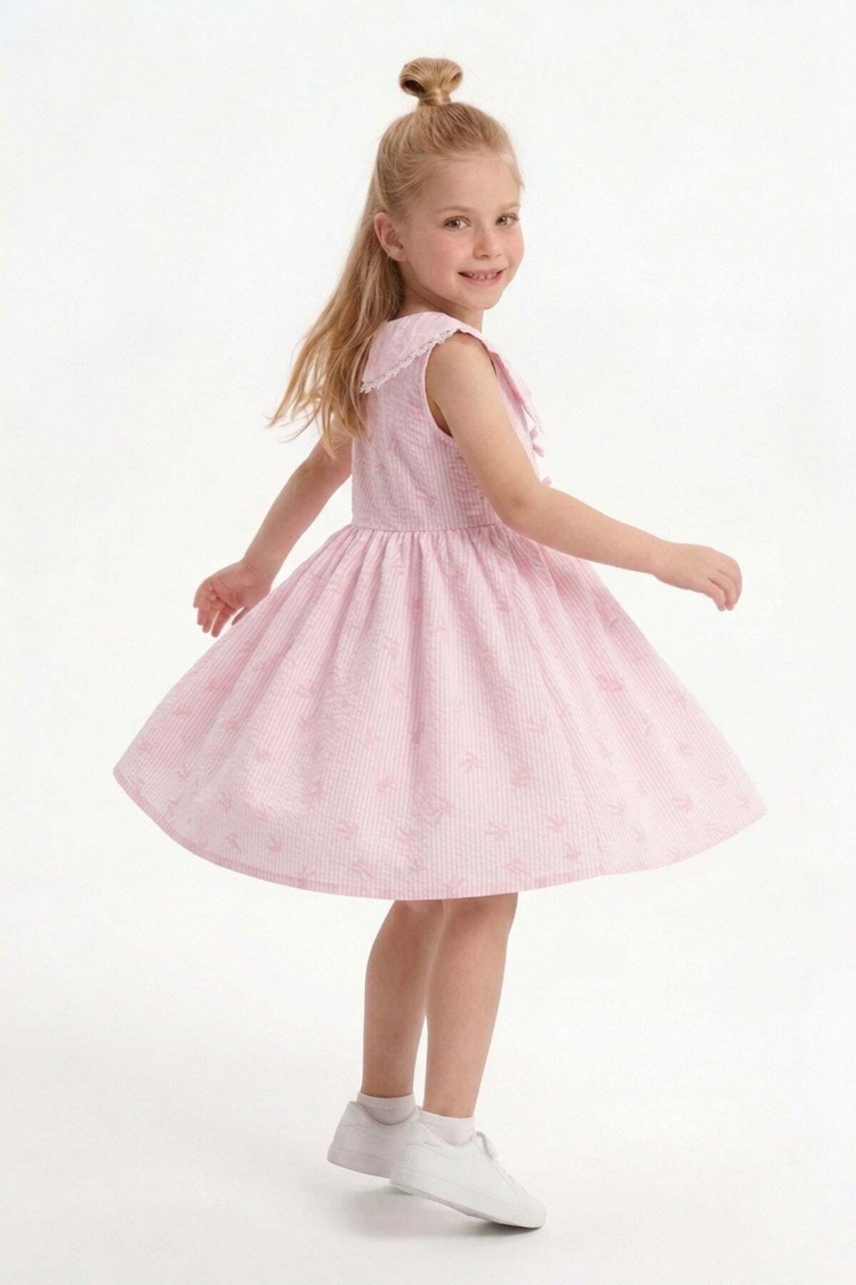 Bow-Tie Striped Lace Baby Collar Girl's Dress - MALLTURK
