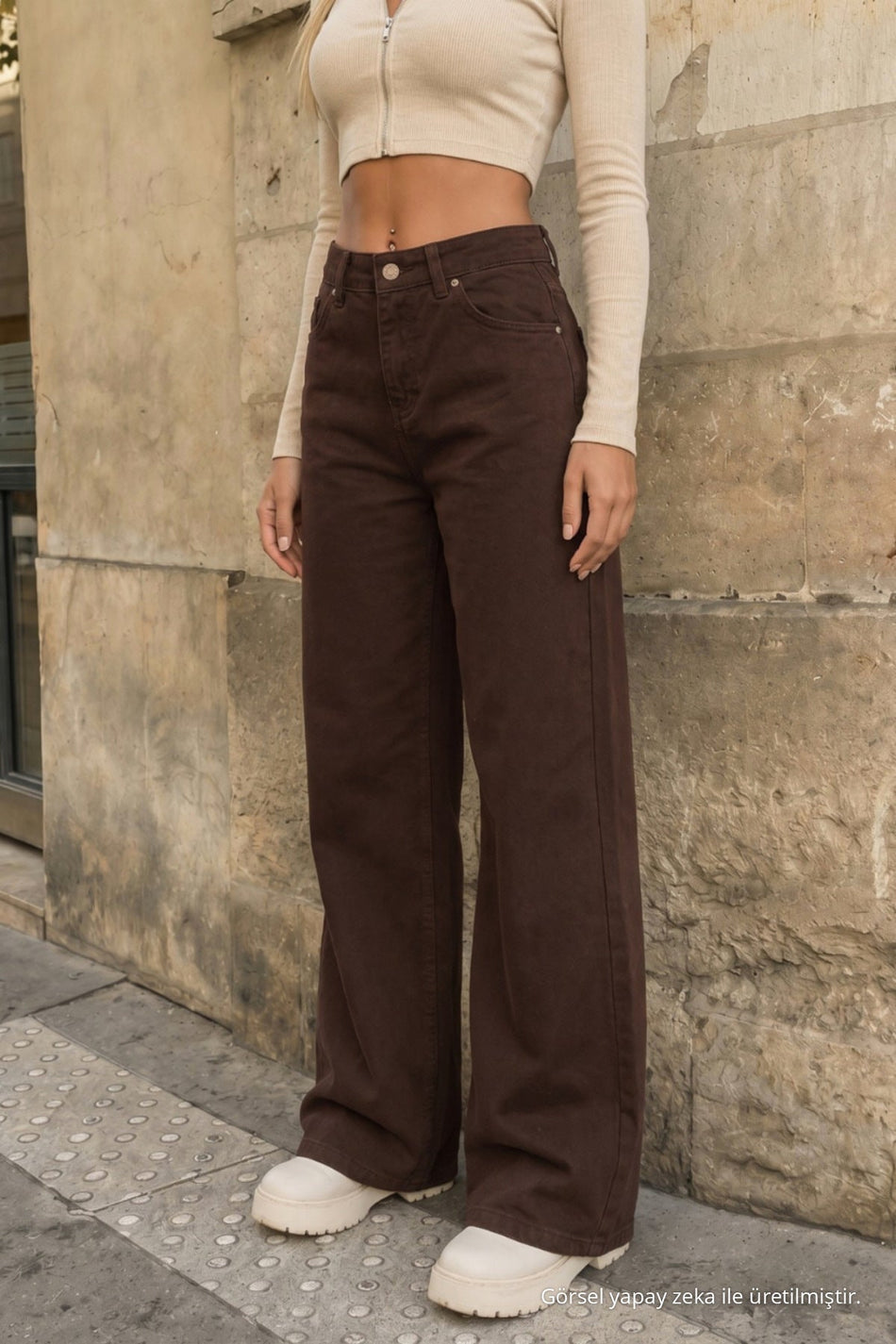 Brown High-Waisted Wide-Leg Palazzo Jeans - MALLTURK