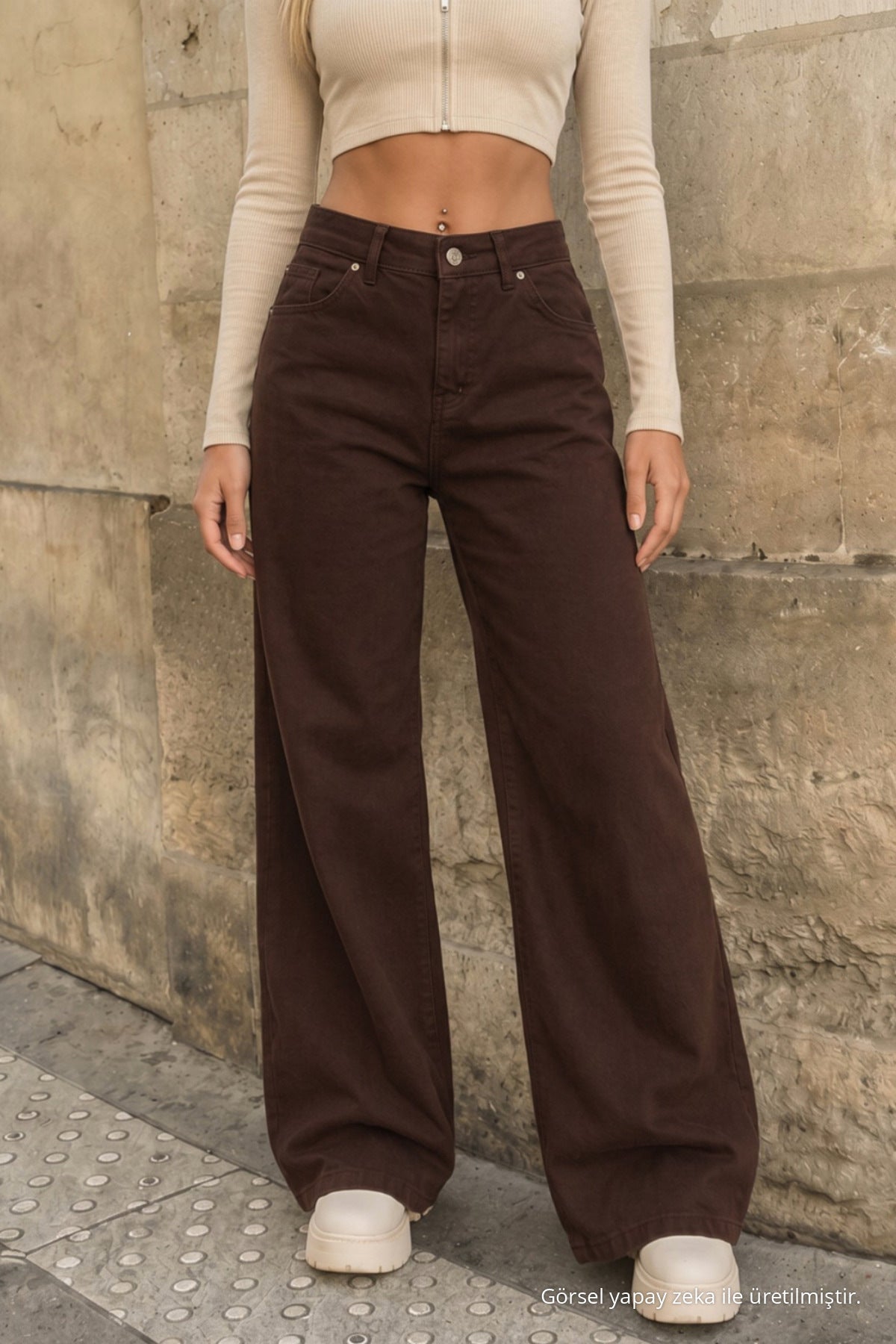 Brown High-Waisted Wide-Leg Palazzo Jeans - MALLTURK