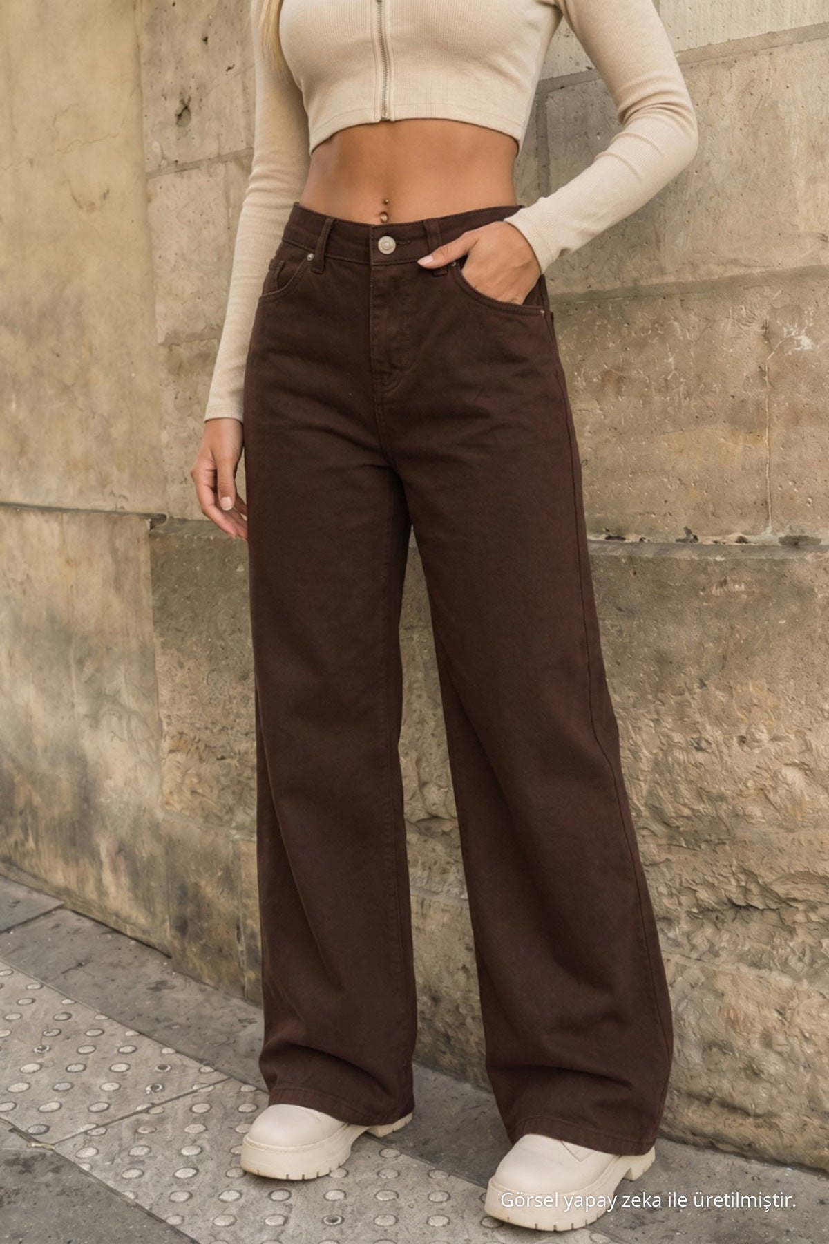 Brown High-Waisted Wide-Leg Palazzo Jeans - MALLTURK