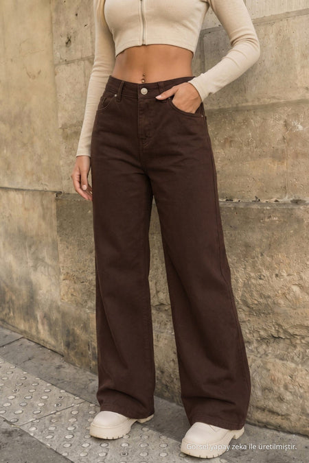Brown High-Waisted Wide-Leg Palazzo Jeans - MALLTURK