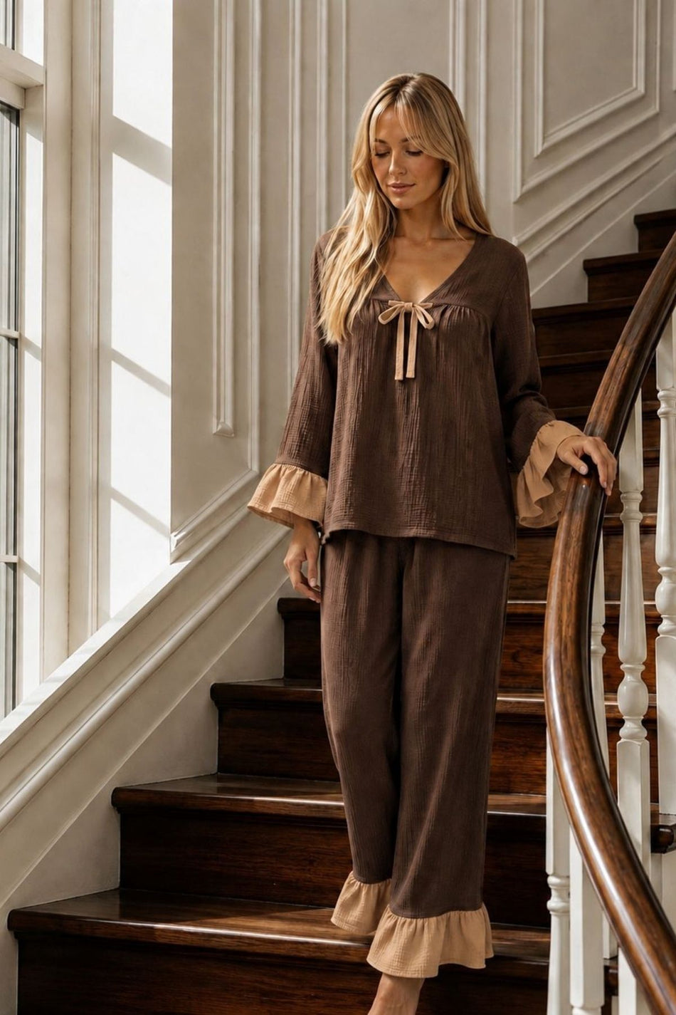 Brown Muslin Fabric Ruffle Detailed Lace-Up Long Sleeve Pajama Set - MALLTURK