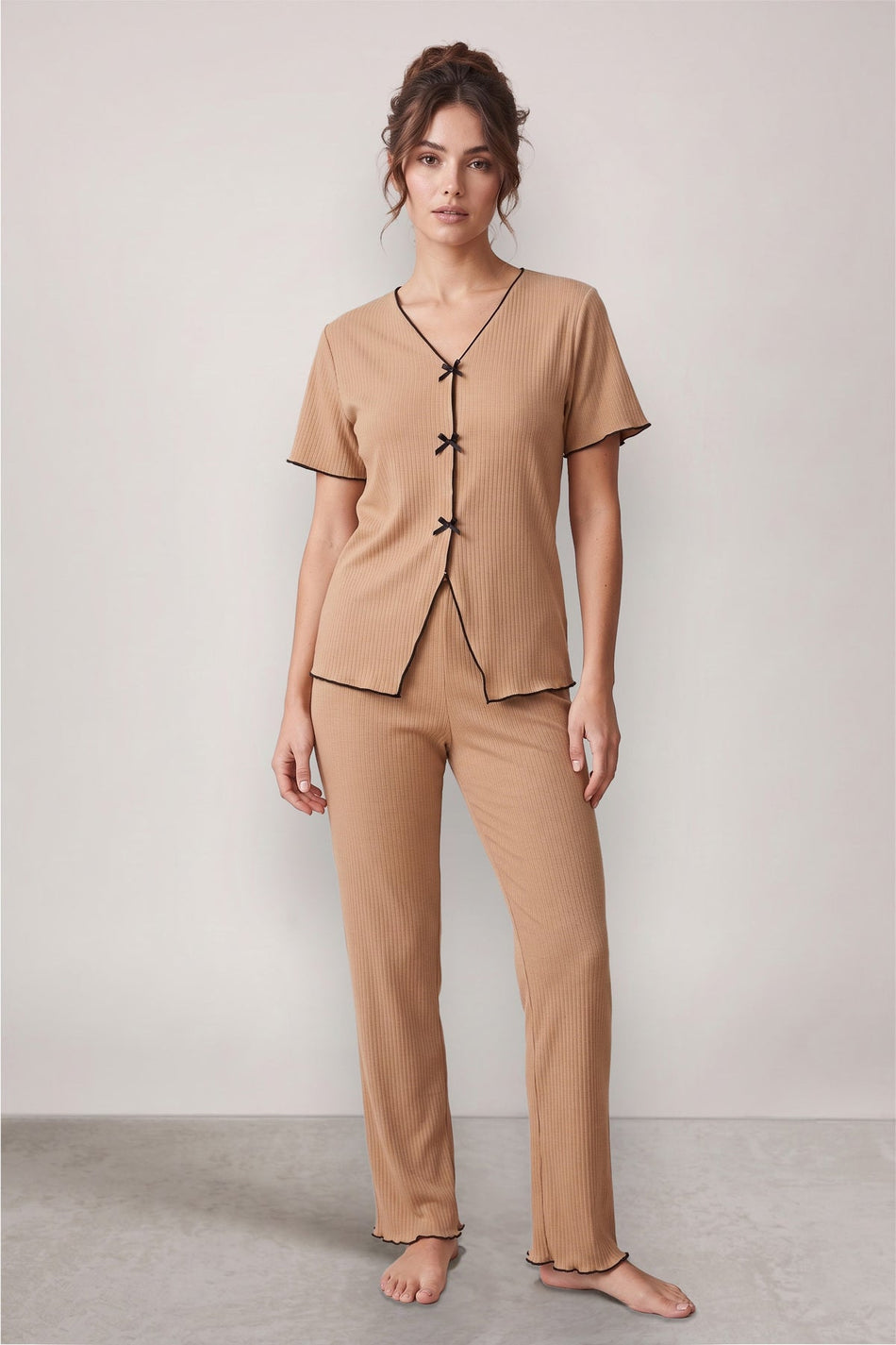 Brown Seasonal V-Neck Cotton Bow Detailed Pajama Set - MALLTURK
