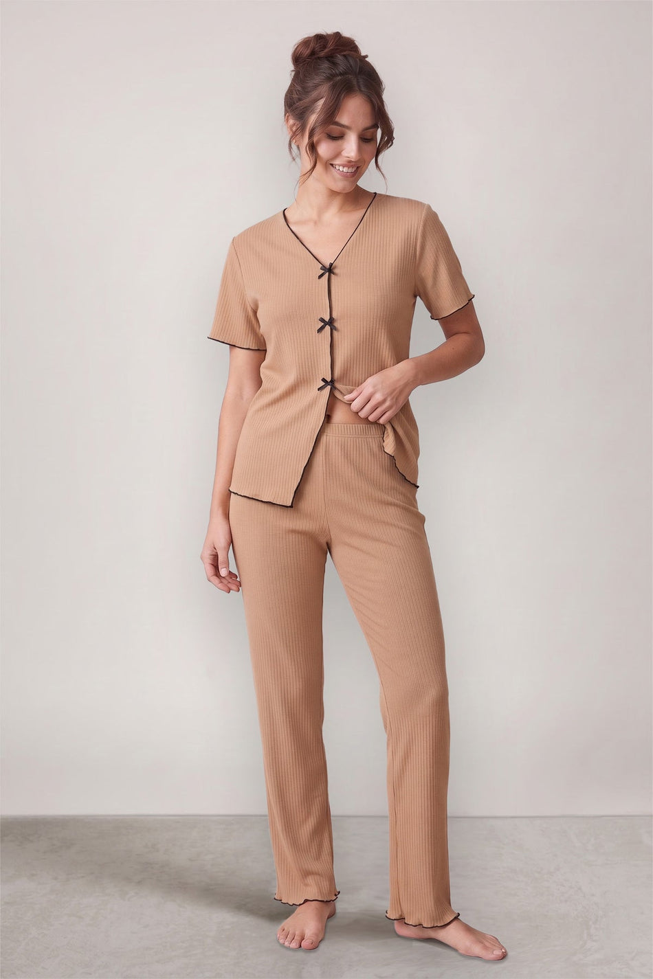 Brown Seasonal V-Neck Cotton Bow Detailed Pajama Set - MALLTURK