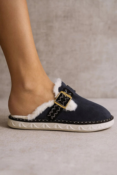 Buckle Detailed Fur-Lined House Slippers - MALLTURK