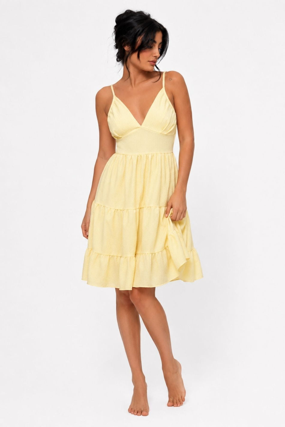 Bürümcük Yellow Backless V-Neck Women's Dress - MALLTURK