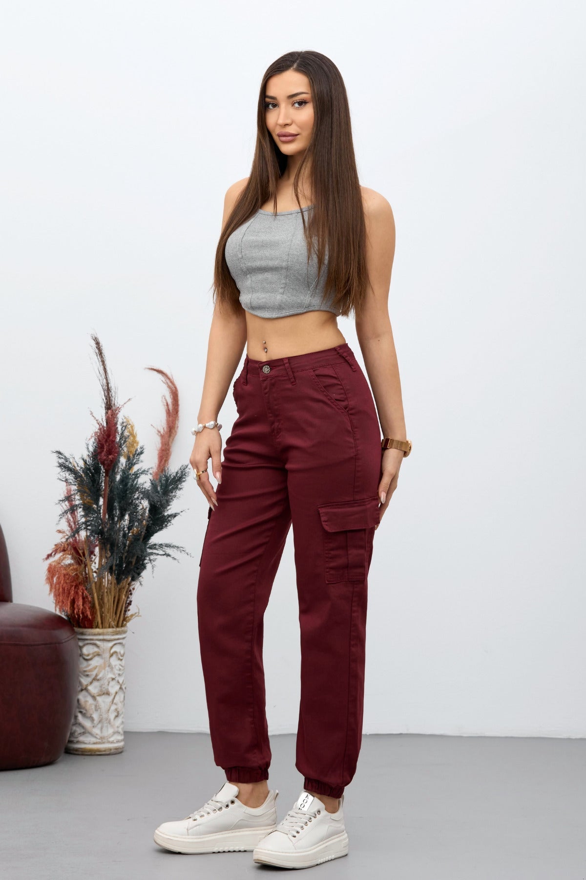 Burgundy Cargo Pocket Gabardine Fabric Trousers - MALLTURK