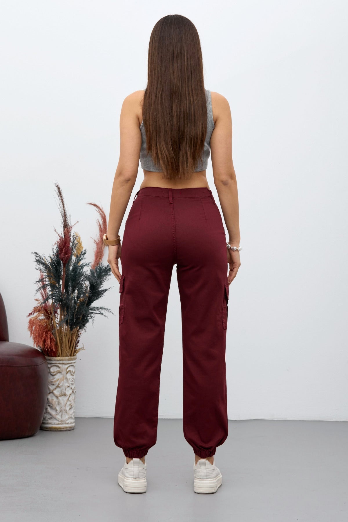 Burgundy Cargo Pocket Gabardine Fabric Trousers - MALLTURK