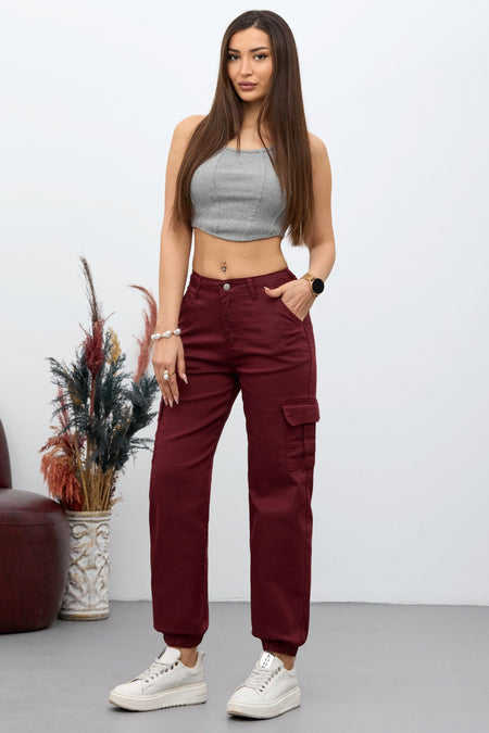 Burgundy Cargo Pocket Gabardine Fabric Trousers - MALLTURK