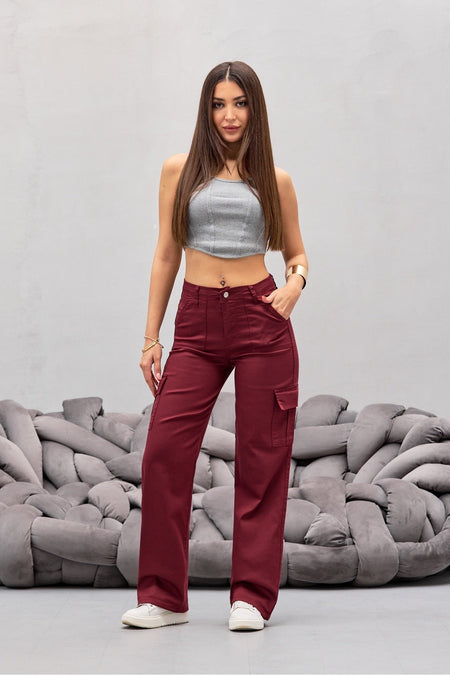 Burgundy Cargo Pocket Lycra High Waist Wide Leg Pants - MALLTURK