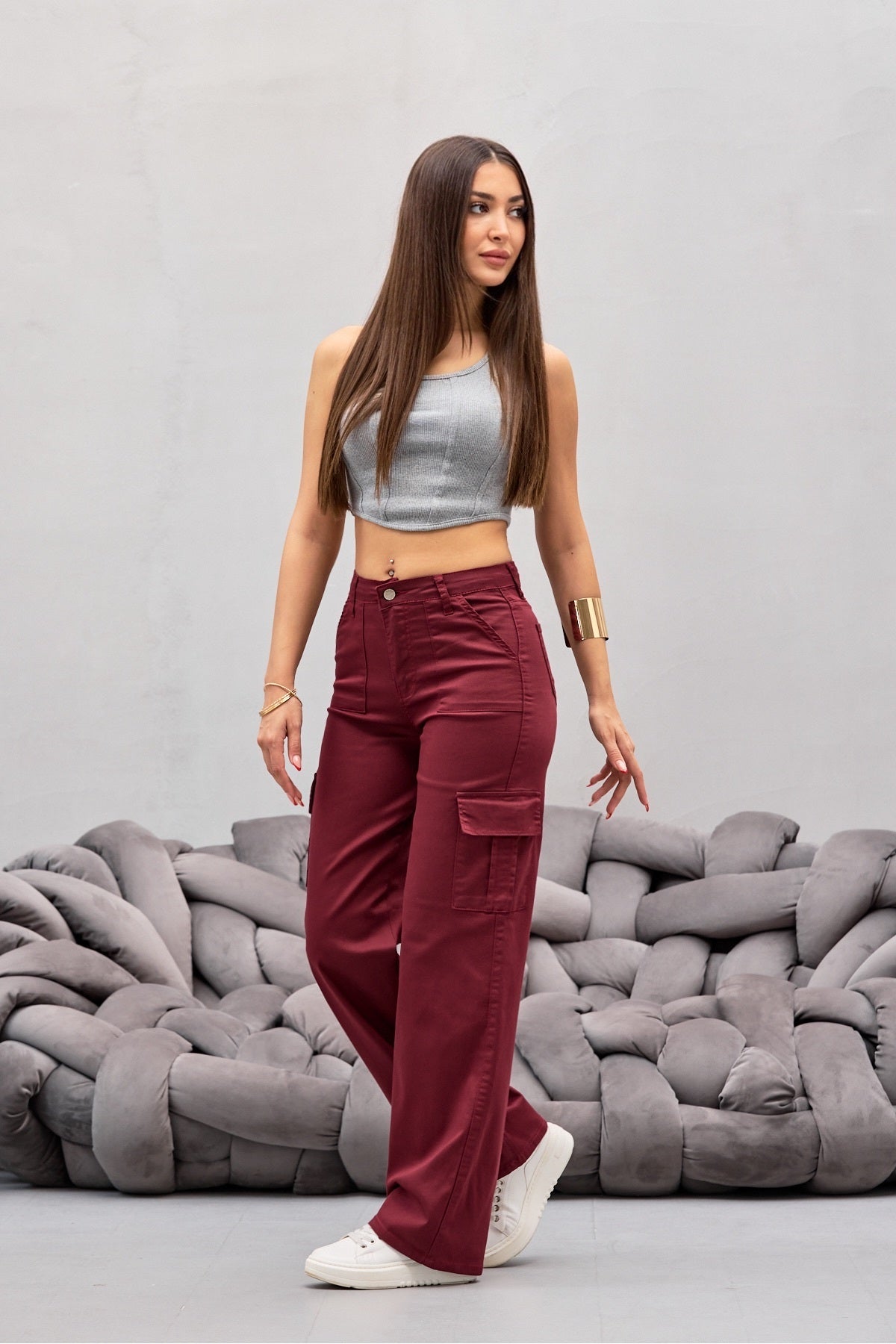 Burgundy Cargo Pocket Lycra High Waist Wide Leg Pants - MALLTURK