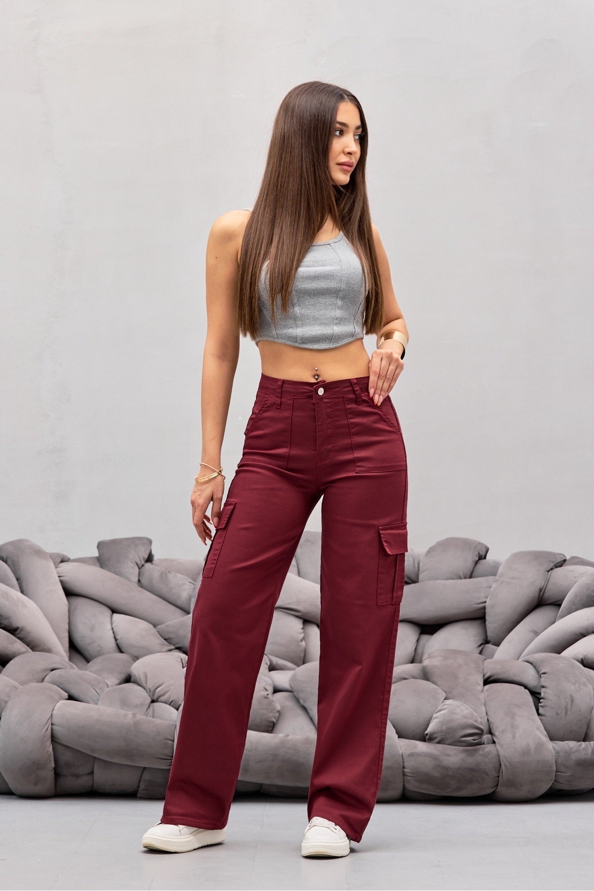 Burgundy Cargo Pocket Lycra High Waist Wide Leg Pants - MALLTURK