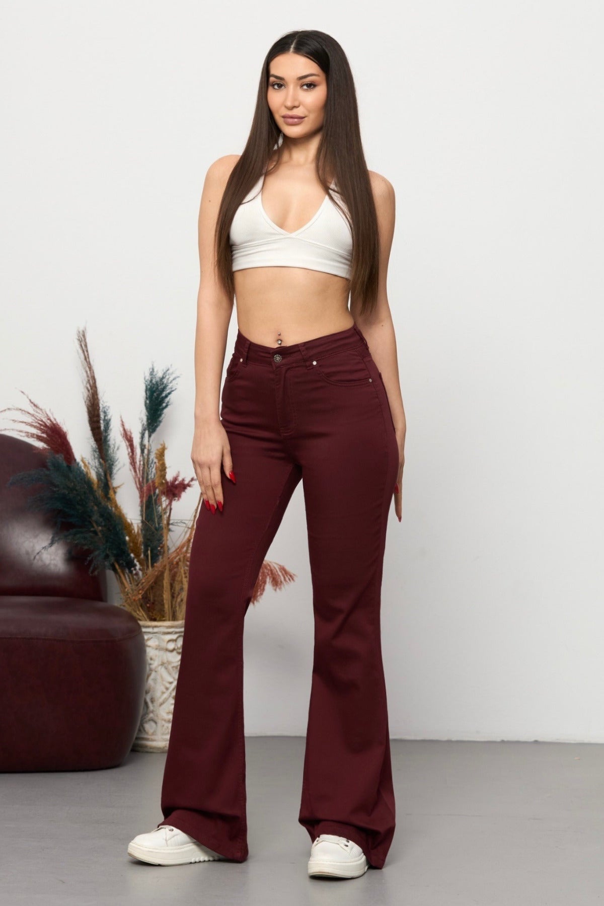 Burgundy High-Waisted Stretch/Lycra Flare Pants - MALLTURK