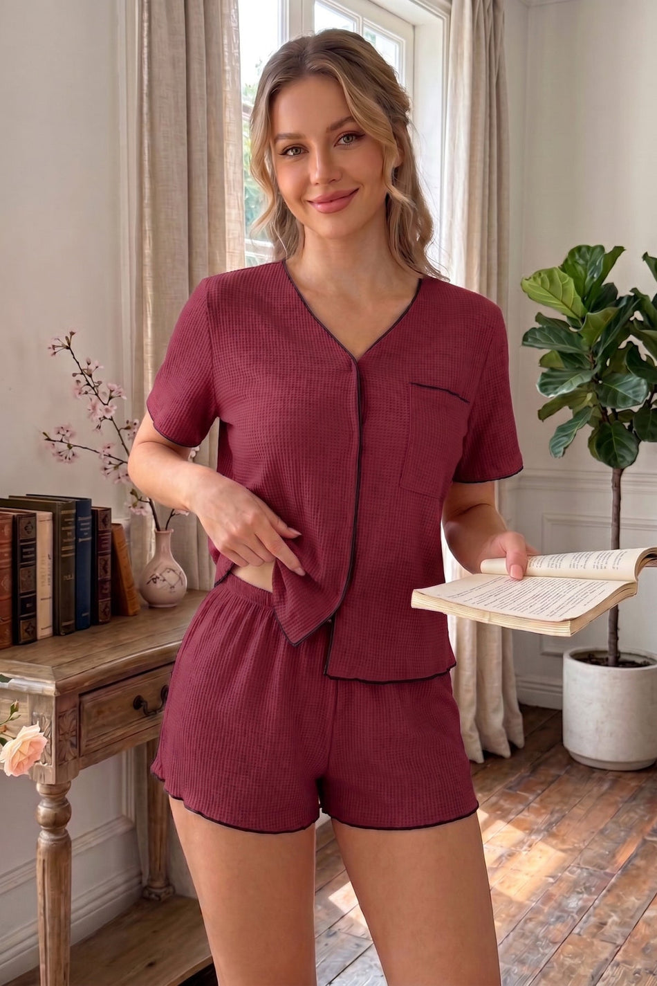 Burgundy Short Sleeve V-Neck Pajama Set with Piping Detail - MALLTURK