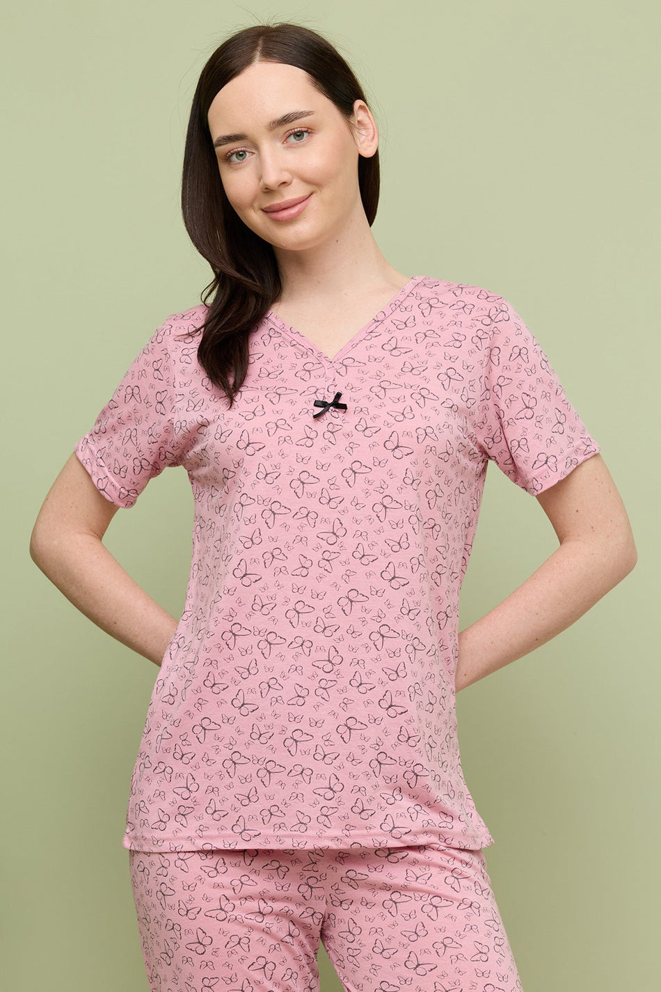 Butterfly Patterned Short Sleeve Plus Size Capri Pajama Set - MALLTURK