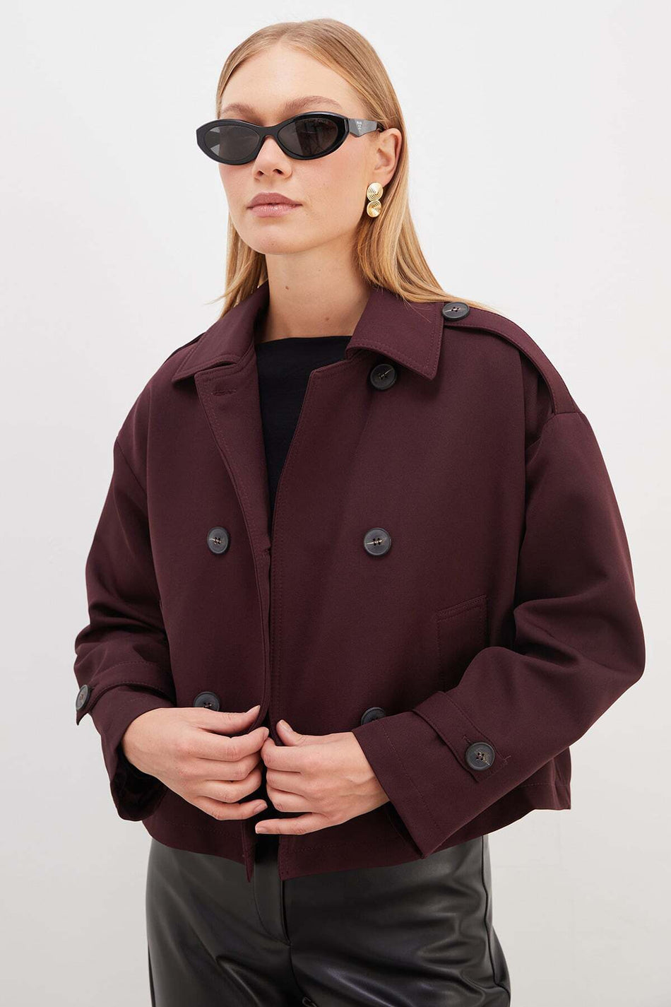 Buttoned Double-Breasted Collared Short Trench Coat - MALLTURK