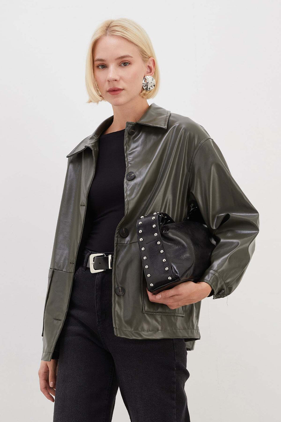 Buttoned Double Pocket Faux Leather Jacket - MALLTURK