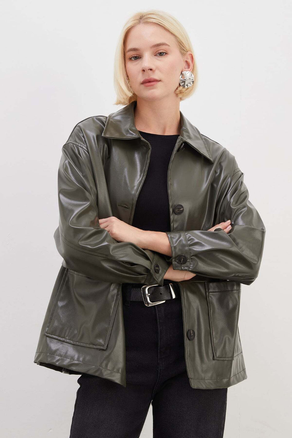 Buttoned Double Pocket Faux Leather Jacket - MALLTURK