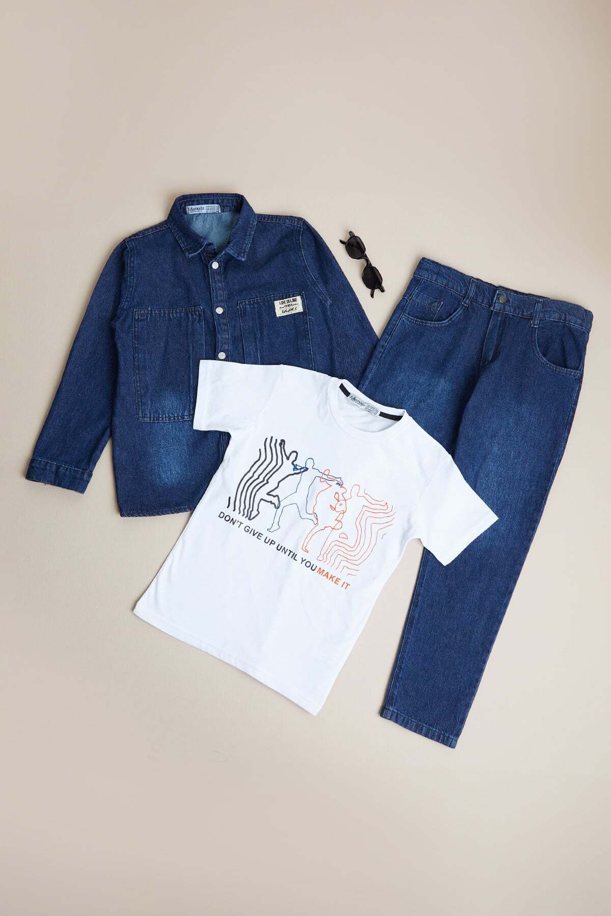 Buttoned Polo Collar Boys' Jean 3-Piece Set - MALLTURK