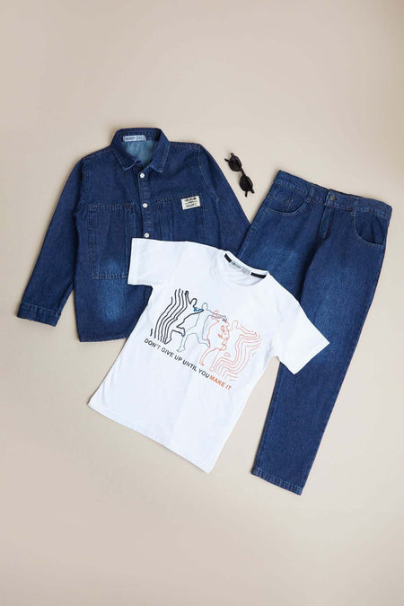 Buttoned Polo Collar Boys' Jean 3-Piece Set - MALLTURK