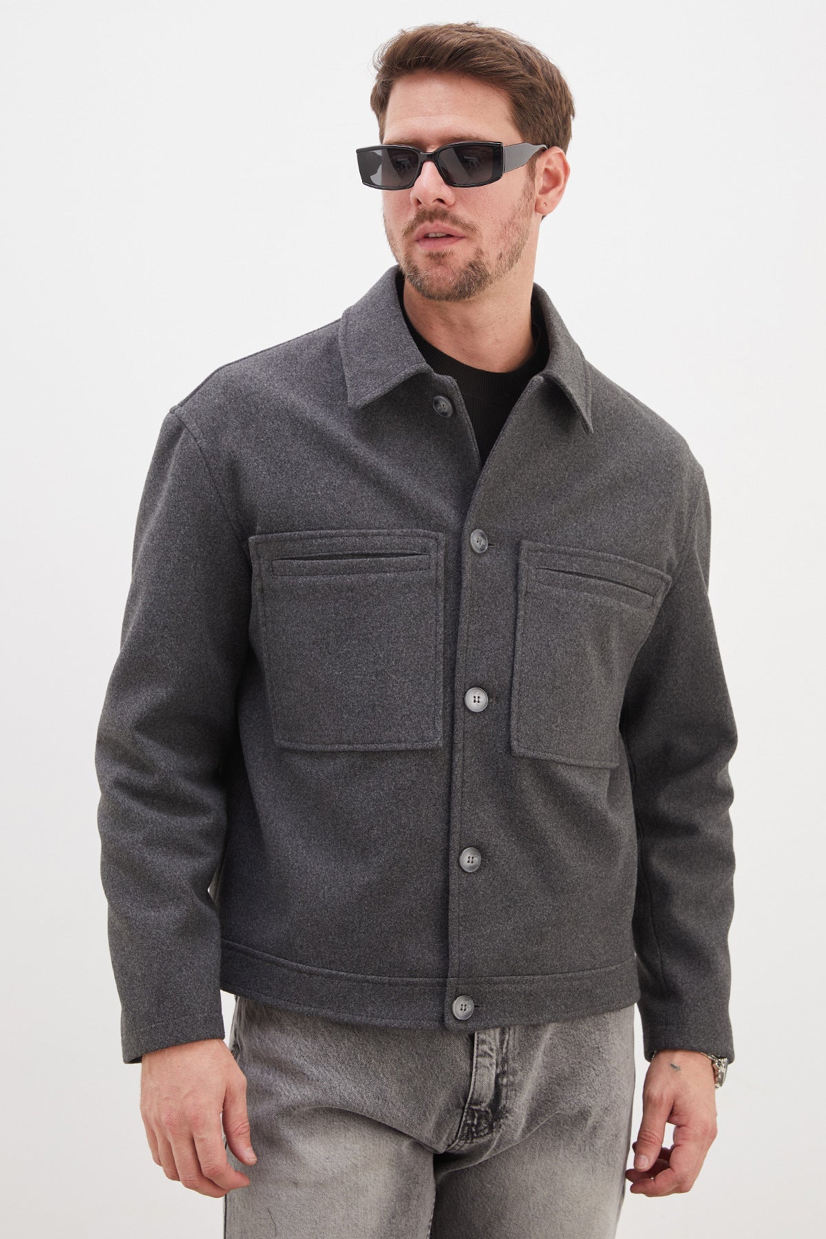 Buttoned Polo Collar Double Pocket Short Cashmere Coat - MALLTURK