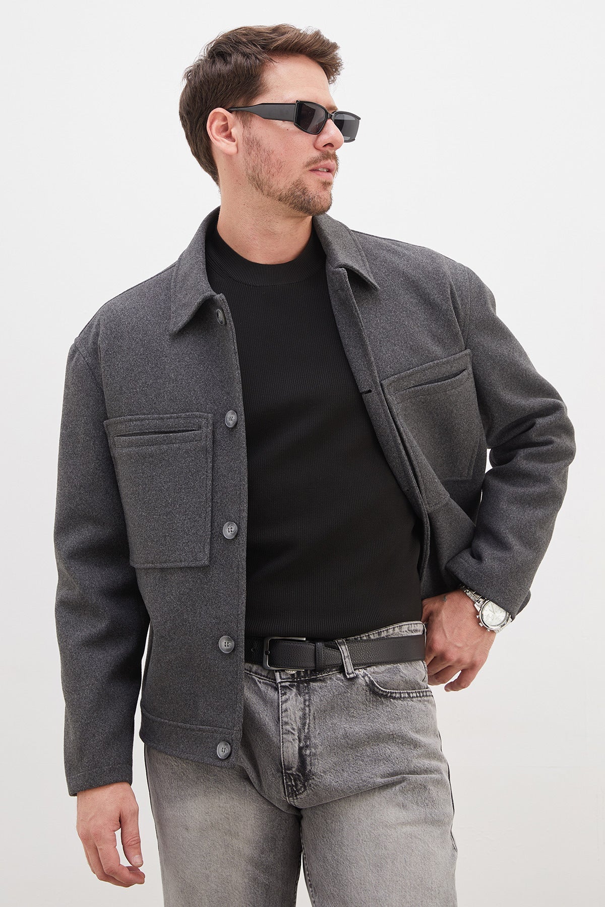 Buttoned Polo Collar Double Pocket Short Cashmere Coat - MALLTURK