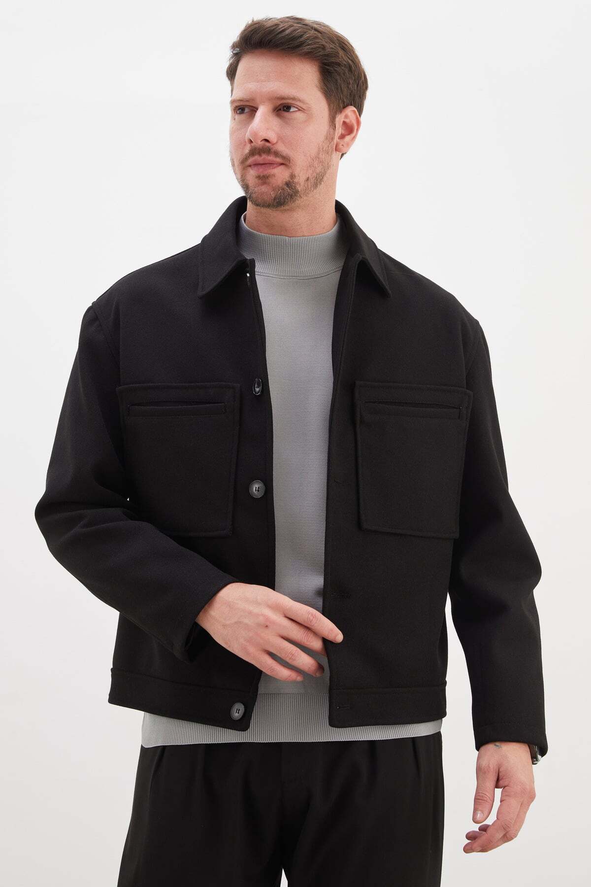 Buttoned Polo Collar Double Pocket Short Cashmere Coat - MALLTURK