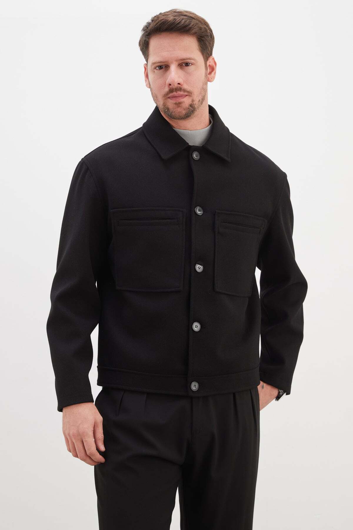 Buttoned Polo Collar Double Pocket Short Cashmere Coat - MALLTURK