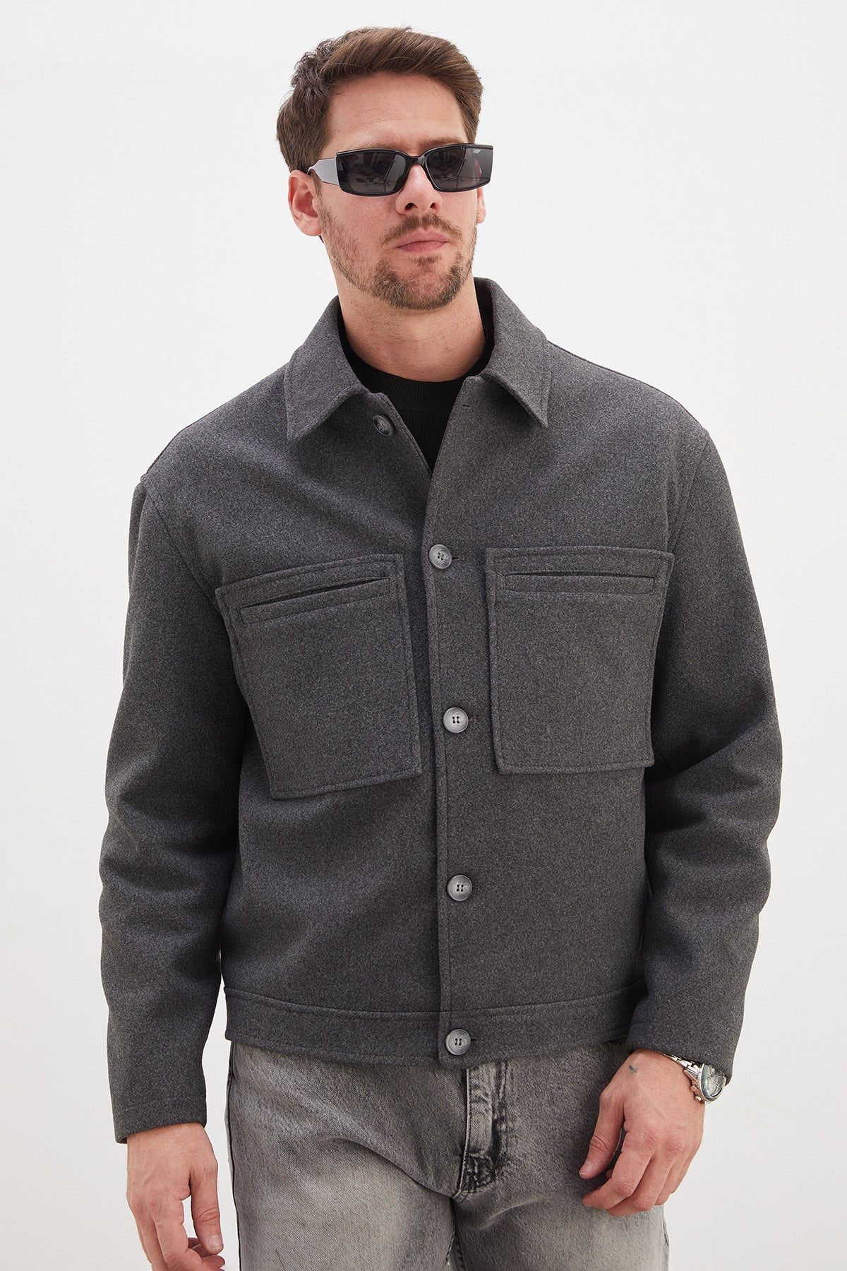 Buttoned Polo Collar Double Pocket Short Cashmere Coat - MALLTURK