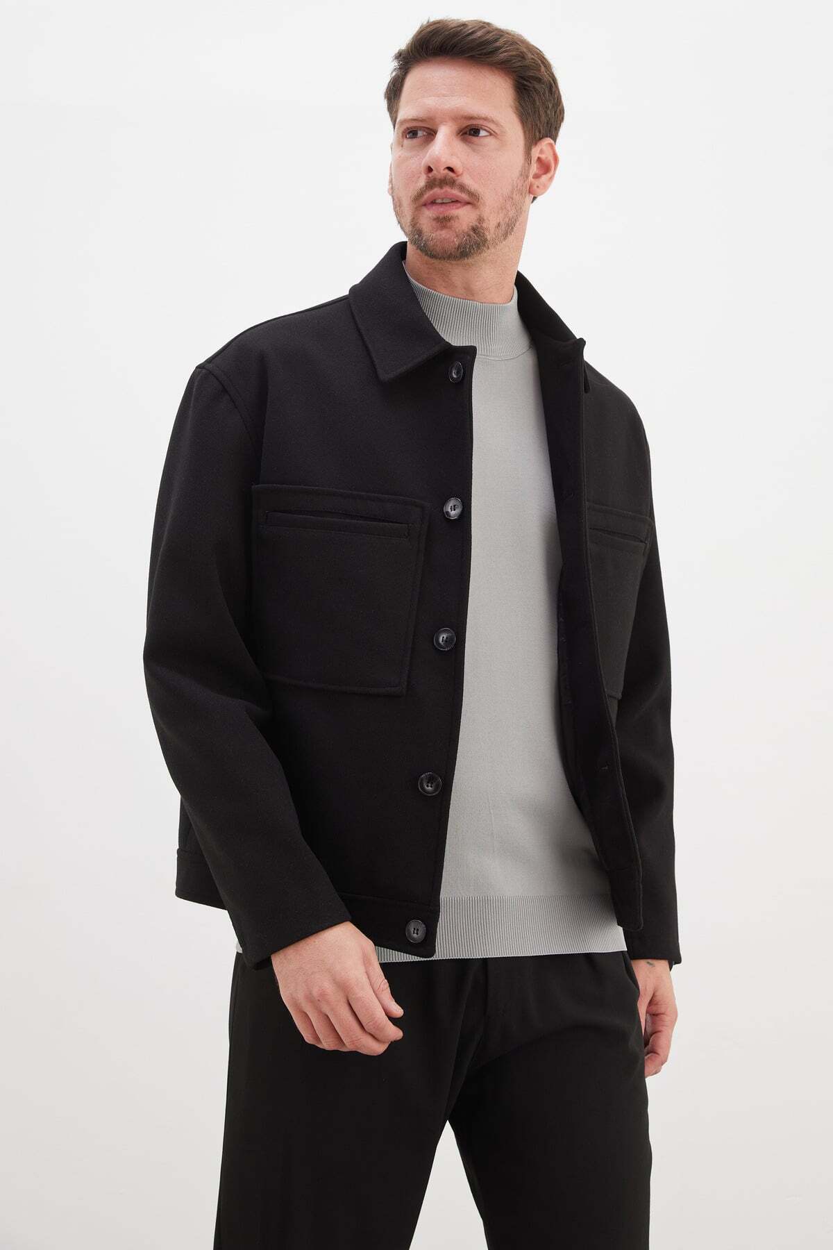 Buttoned Polo Collar Double Pocket Short Cashmere Coat - MALLTURK