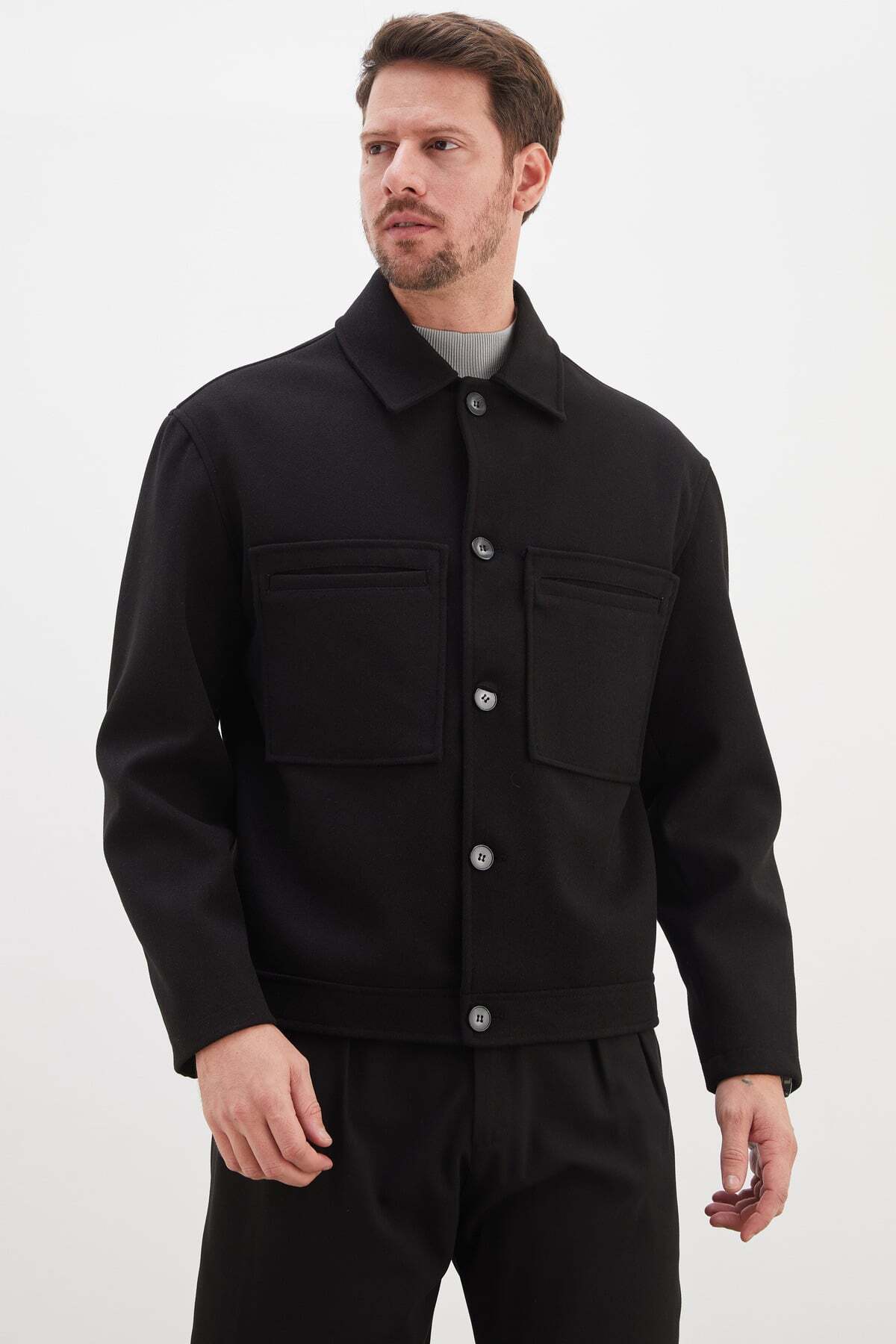 Buttoned Polo Collar Double Pocket Short Cashmere Coat - MALLTURK