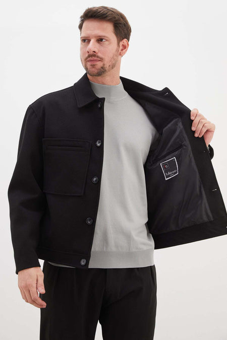 Buttoned Polo Collar Double Pocket Short Cashmere Coat - MALLTURK