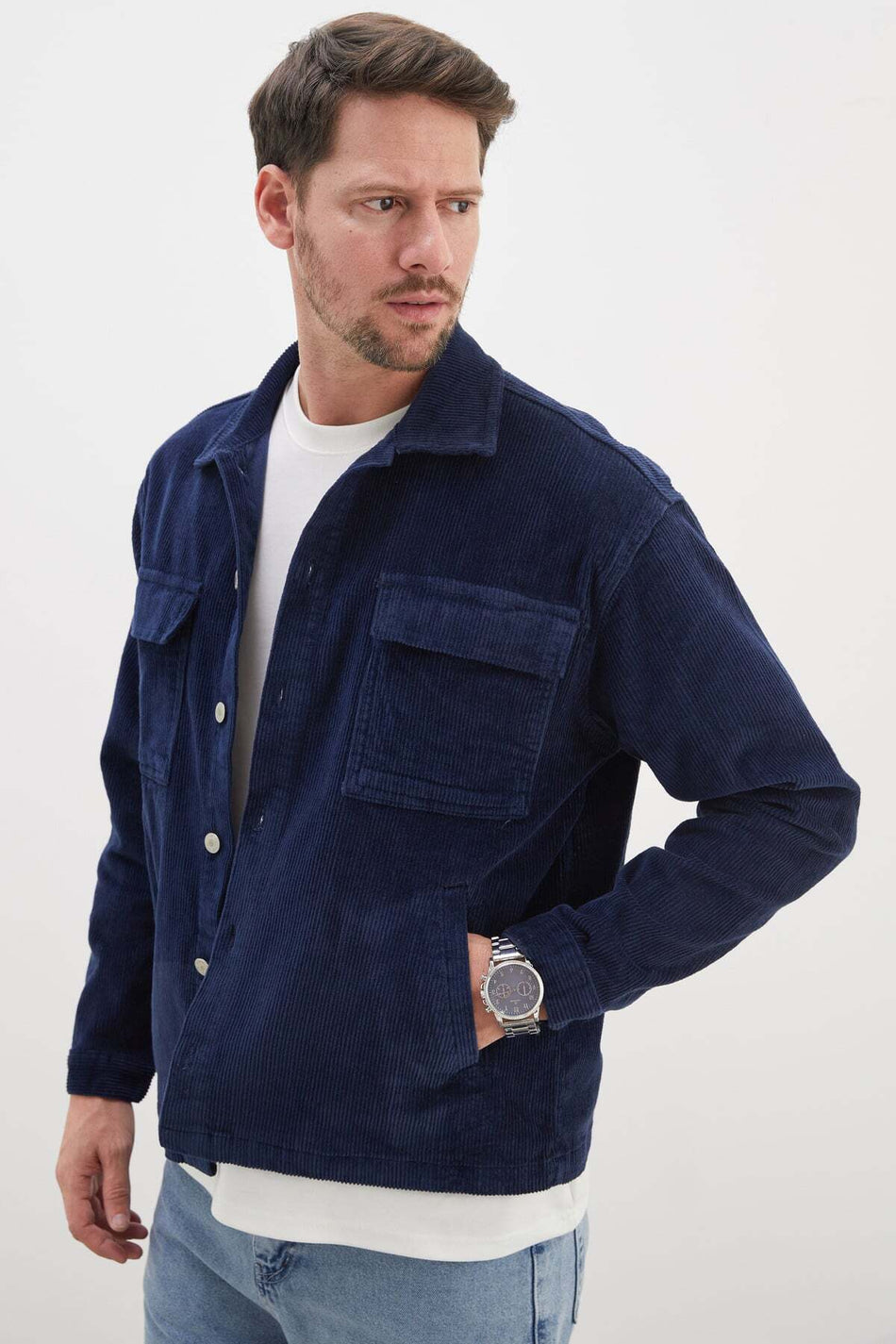 Buttoned Polo Collar Regular Fit Velvet Jacket with Pockets - MALLTURK