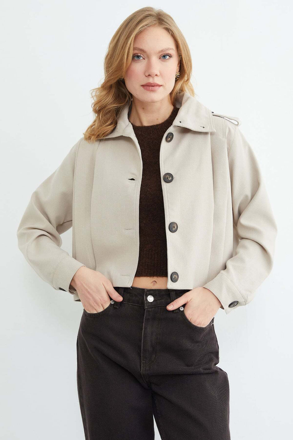 Buttoned Shirt Collar Pleated Trench Coat - MALLTURK