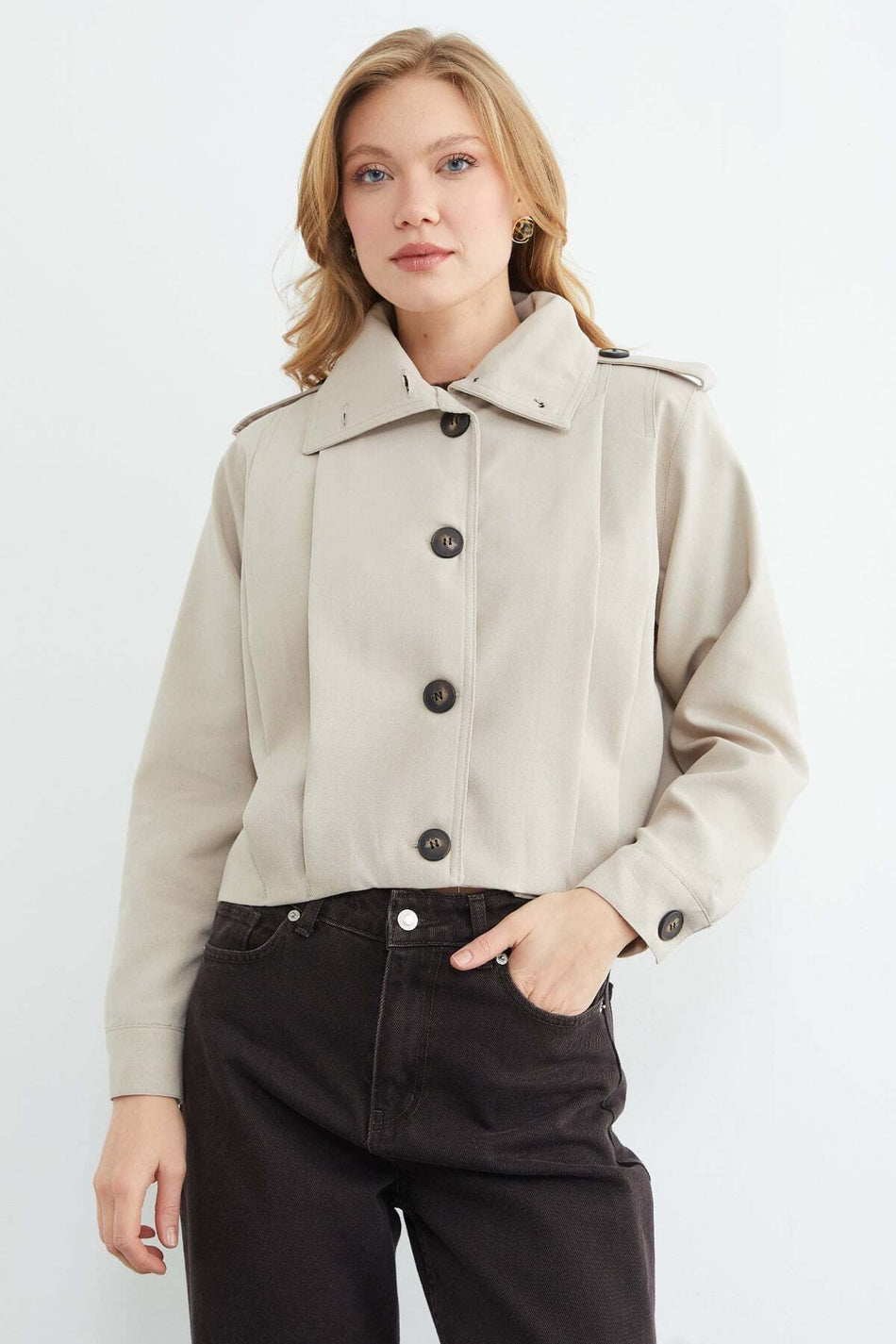 Buttoned Shirt Collar Pleated Trench Coat - MALLTURK