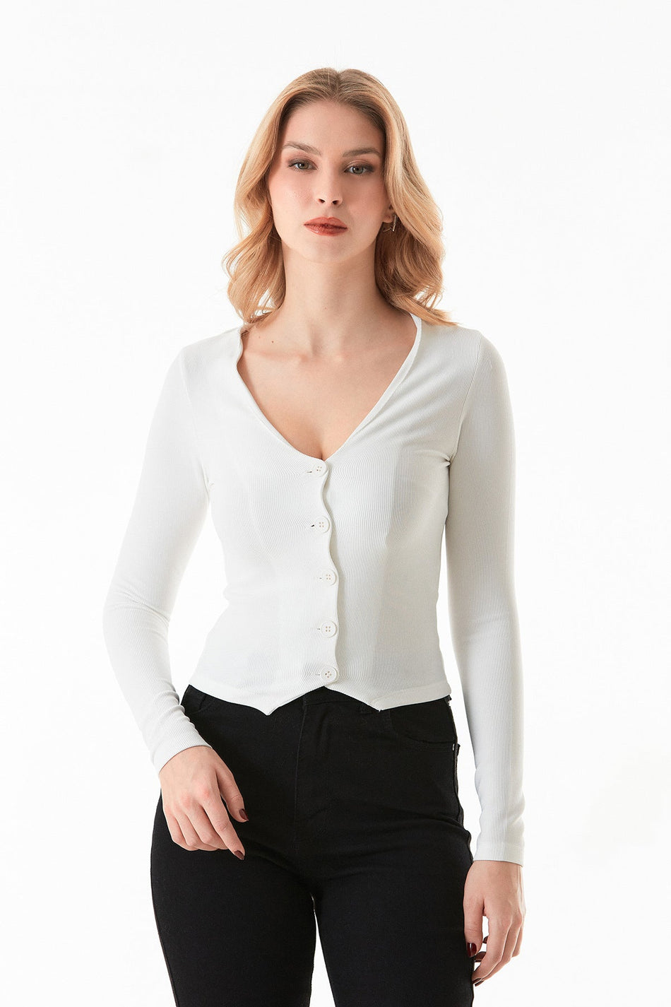 Buttoned V-Neck Corded Cardigan - MALLTURK