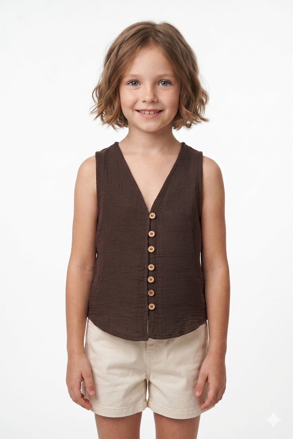 Buttoned V-Neck Muslin Fabric Girls' Vest - MALLTURK